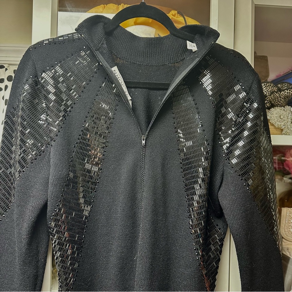 St John black turtleneck sweater dress with sequins